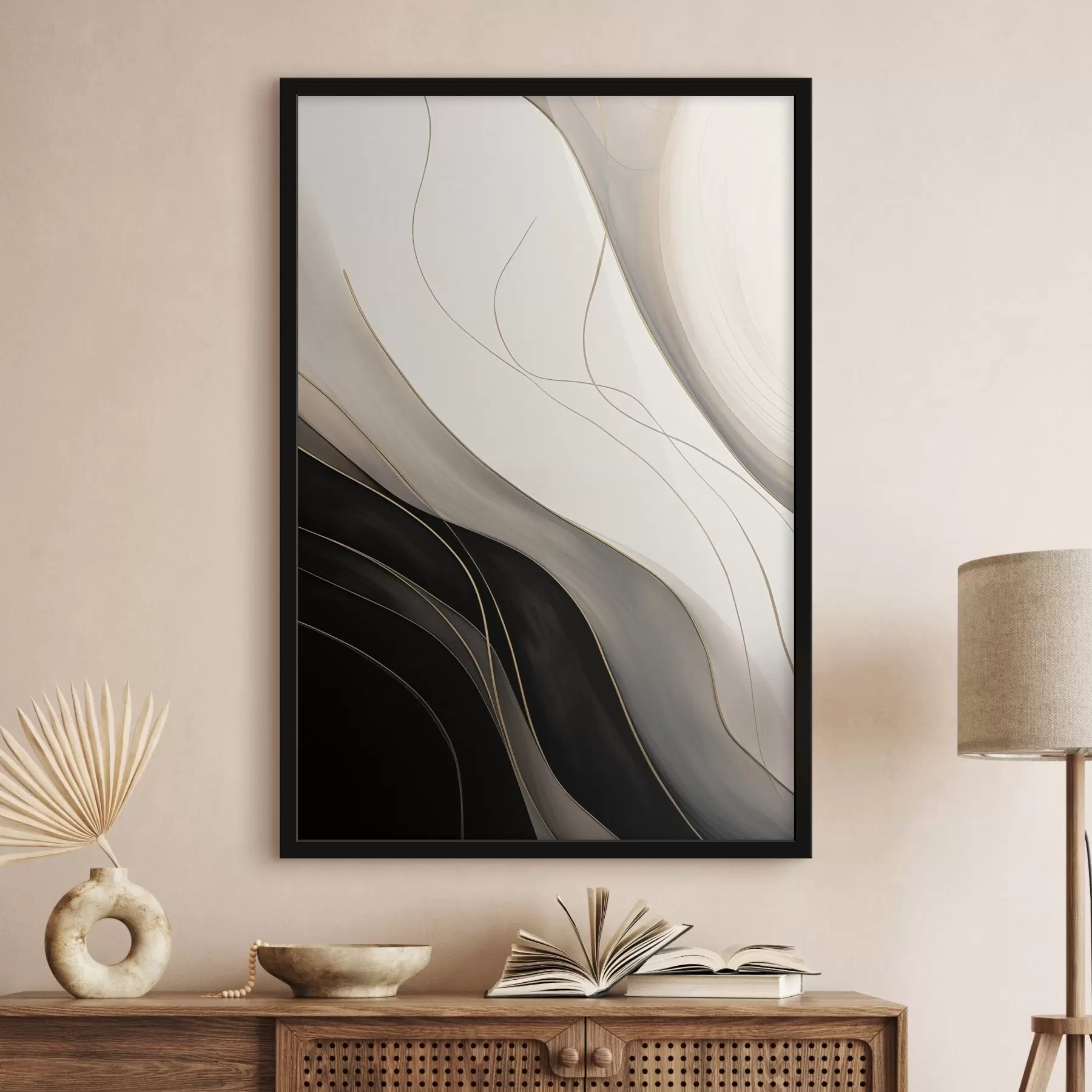 Fototapeta Fale w kolorze czarnym i beżowym z delikatnymi ochrowymi liniami f46541
