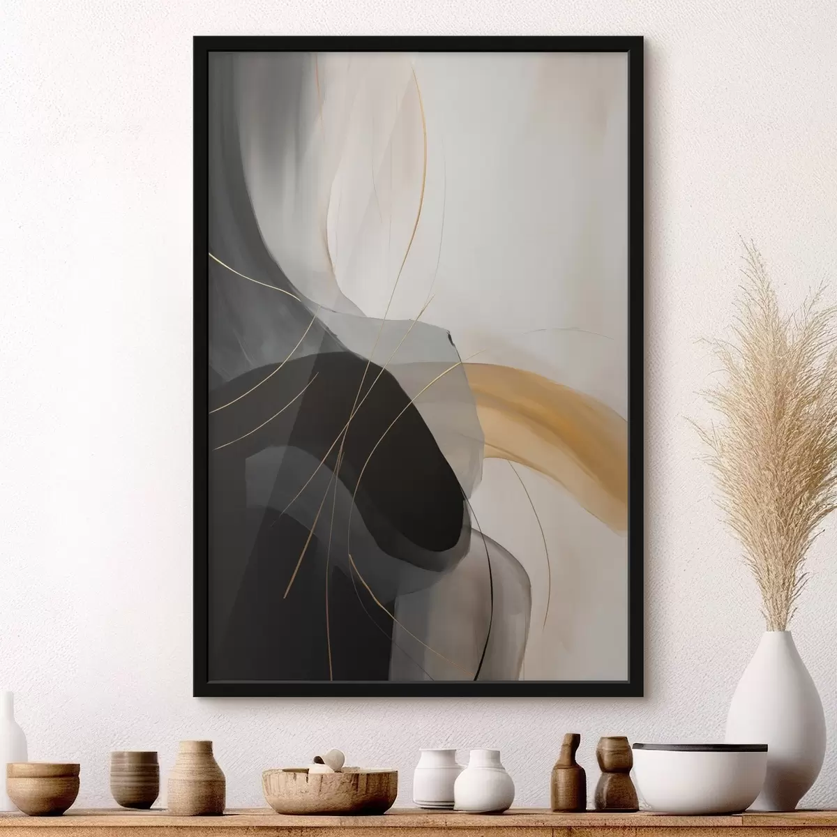 Plakat Delikatne krzywizny w kolorze czarnym i beżowym z ciepłym akcentem f46542