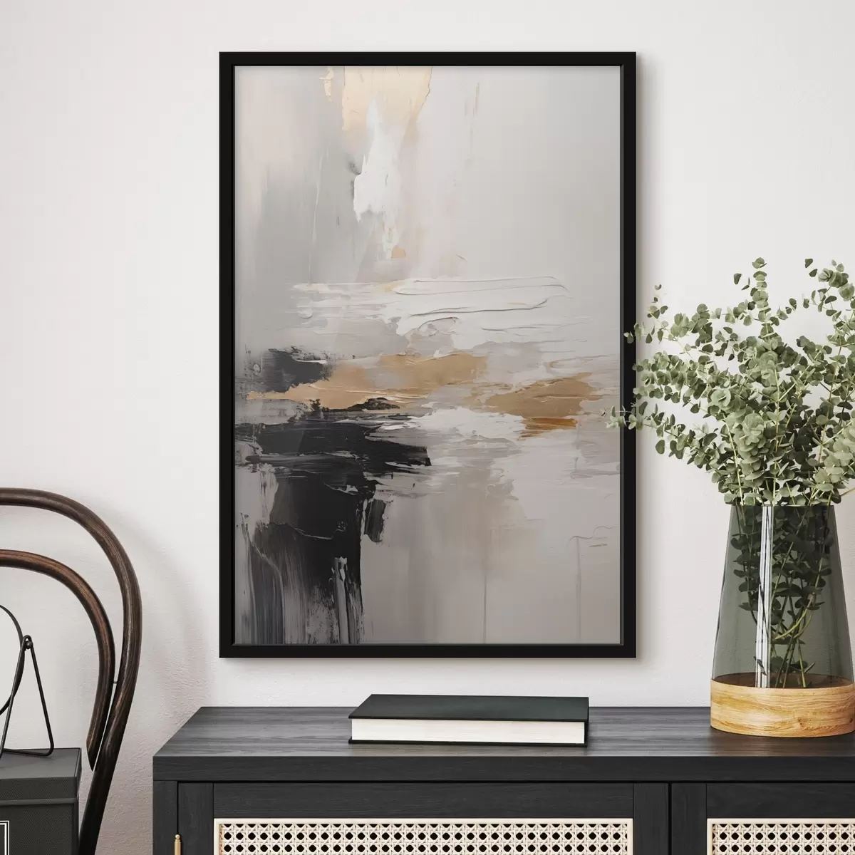Plakat Pomalowane w odcieniach nude, z kontrastującą czarną i ochrową warstwą f46544
