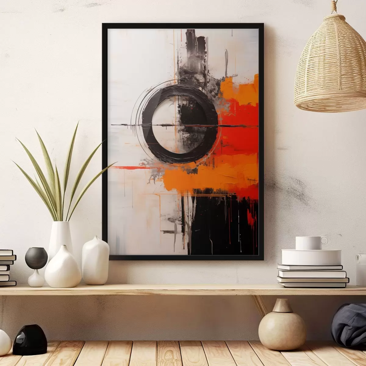 Plakat Czarne koło na białym tle, pomarańczowe pociągnięcia i plamy f46549