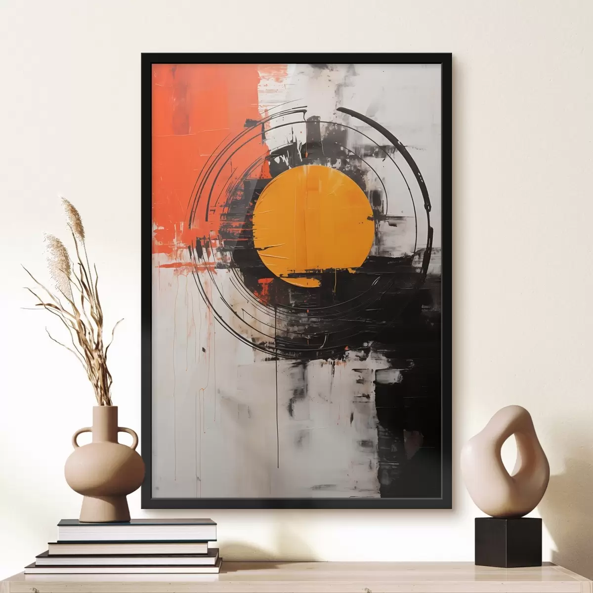 Plakat Pomarańczowy dysk w czarnym pierścieniu, pociągnięcia pędzlem i plamy f46550