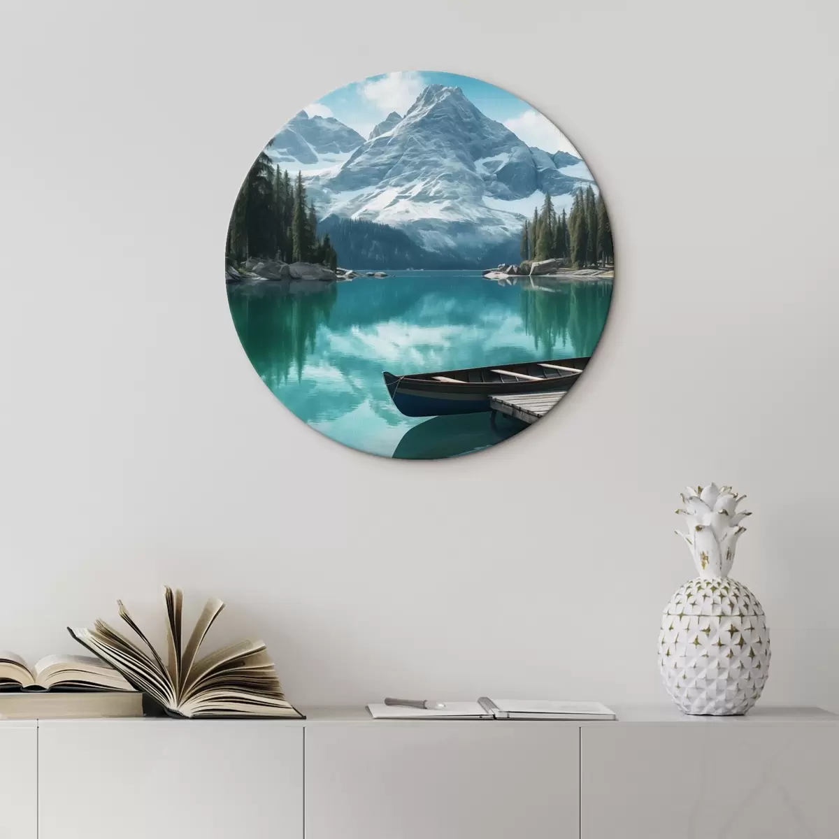 Okrągłe obrazy Alpejskie jezioro z kajakiem i ośnieżonymi szczytami r46481