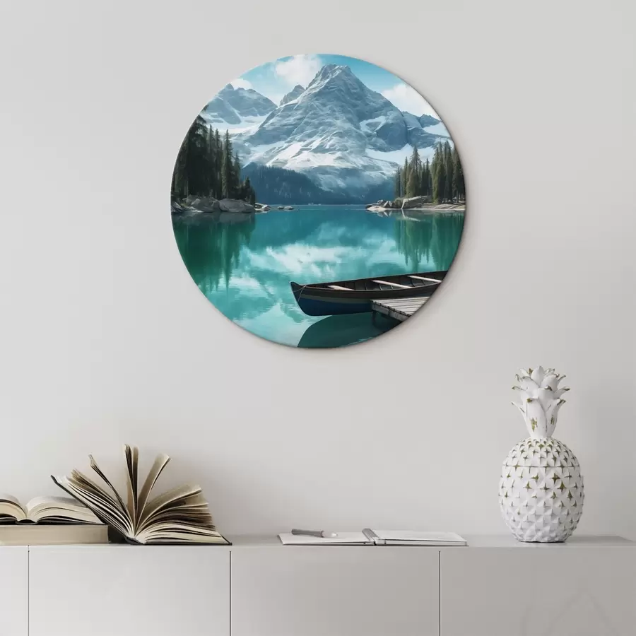 Obraz Alpejskie jezioro z kajakiem i ośnieżonymi szczytami r46481