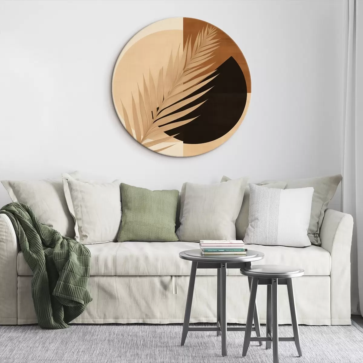 Okrągłe obrazy Liść palmy na tle terakoty i kremowej geometrii r46490