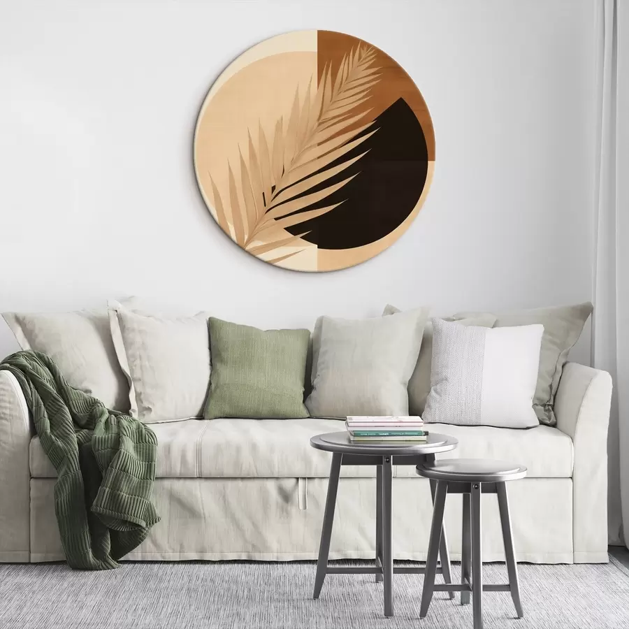 Obraz Liść palmy na tle terakoty i kremowej geometrii r46490