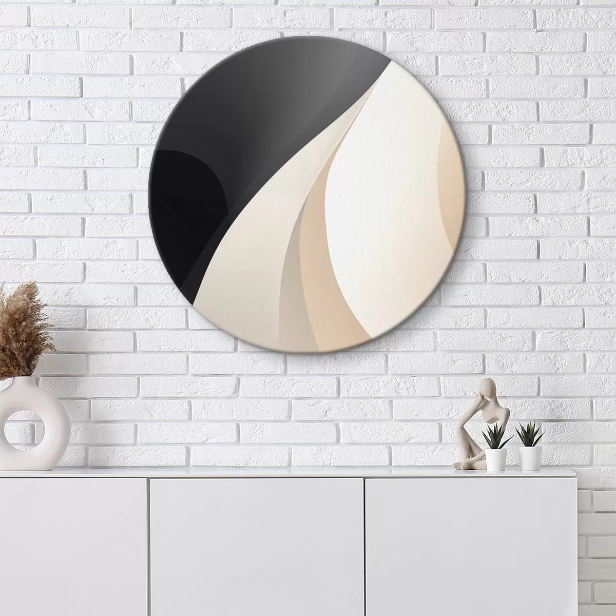 Okrągłe obrazy Eleganckie, nakładające się na siebie krzywizny w kolorach grafitowym, kości słoniowej i piaskowym r46493