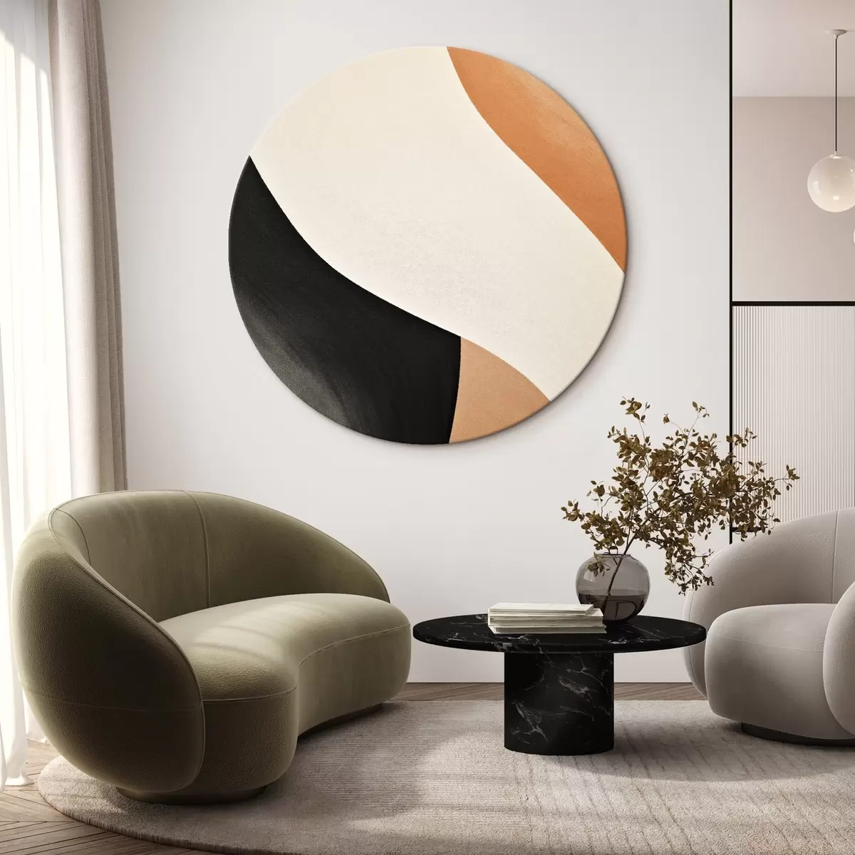 Okrągłe obrazy Wyrazista linia w kształcie litery S w kolorze kremowym, czarnym i z akcentami w kolorze terakoty r46495