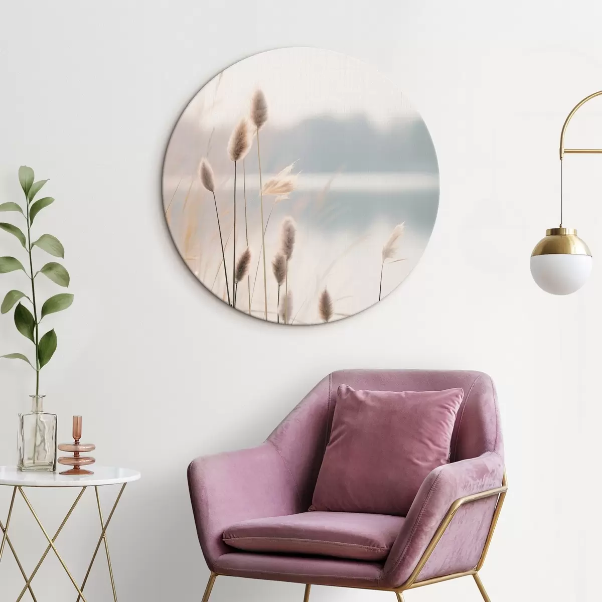 Okrągłe obrazy Miękkie trzciny nad mglistym brzegiem jeziora, pastelowe odcienie beżu r46504