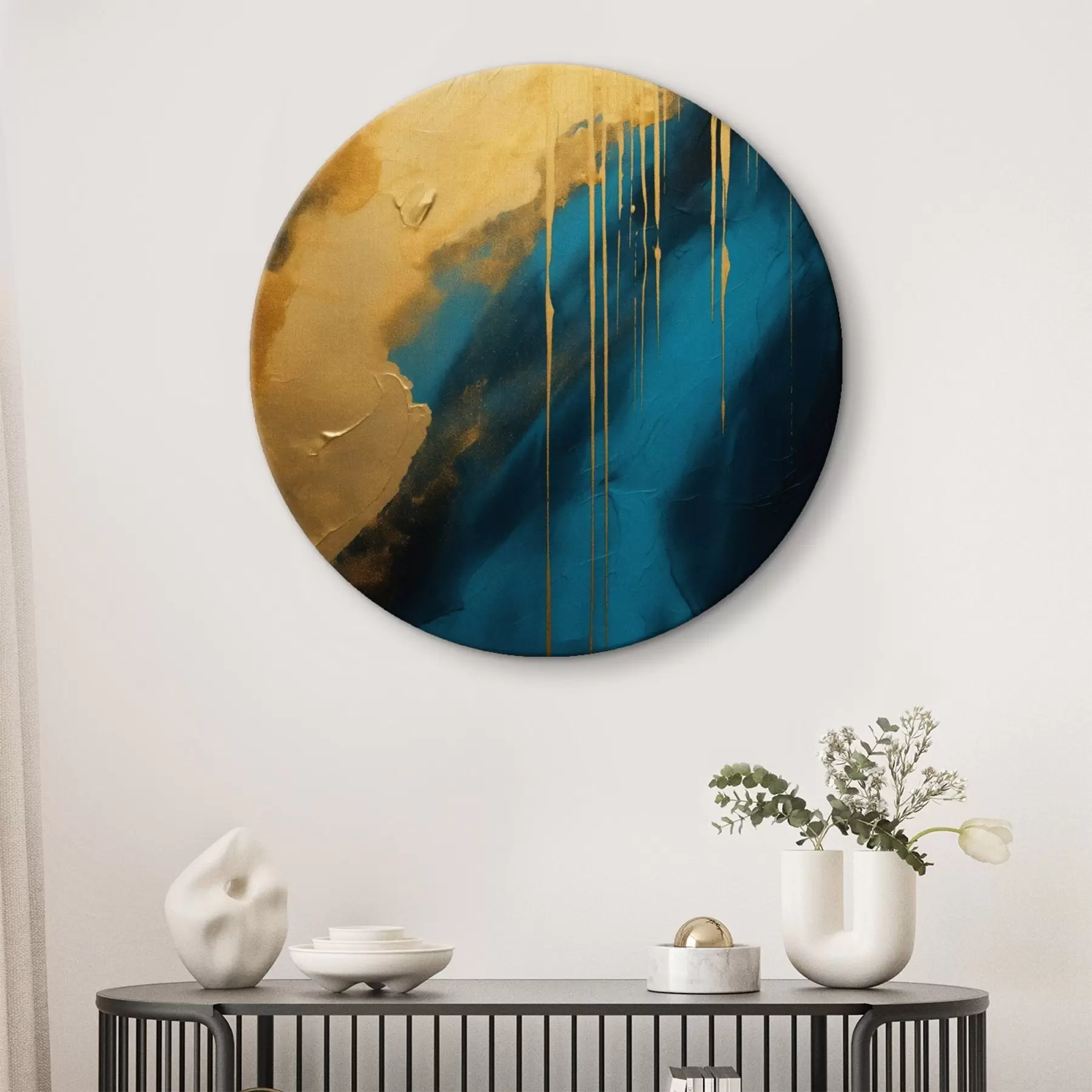 Obraz Turkusowo-granatowy abstrakcyjny wzór z płynnymi, ciepłymi akcentami r46509