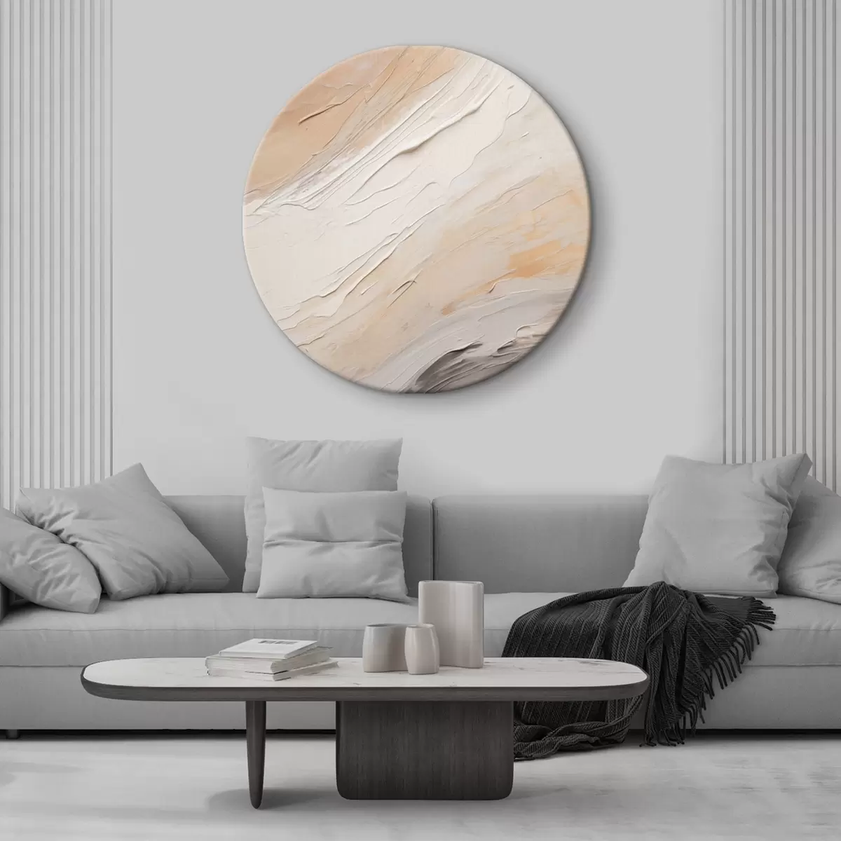 Okrągłe obrazy Teksturowany tynk w ciepłym beżu z delikatną szarością r46511