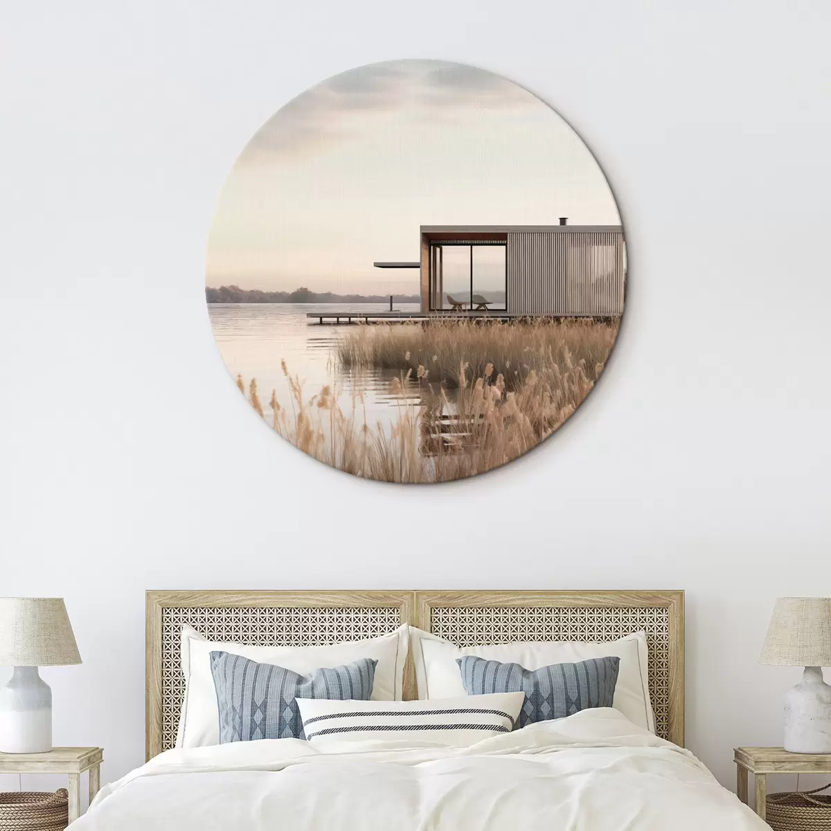 Okrągłe obrazy Nowoczesna chatka nad jeziorem wśród trzcin o zmierzchu r46513