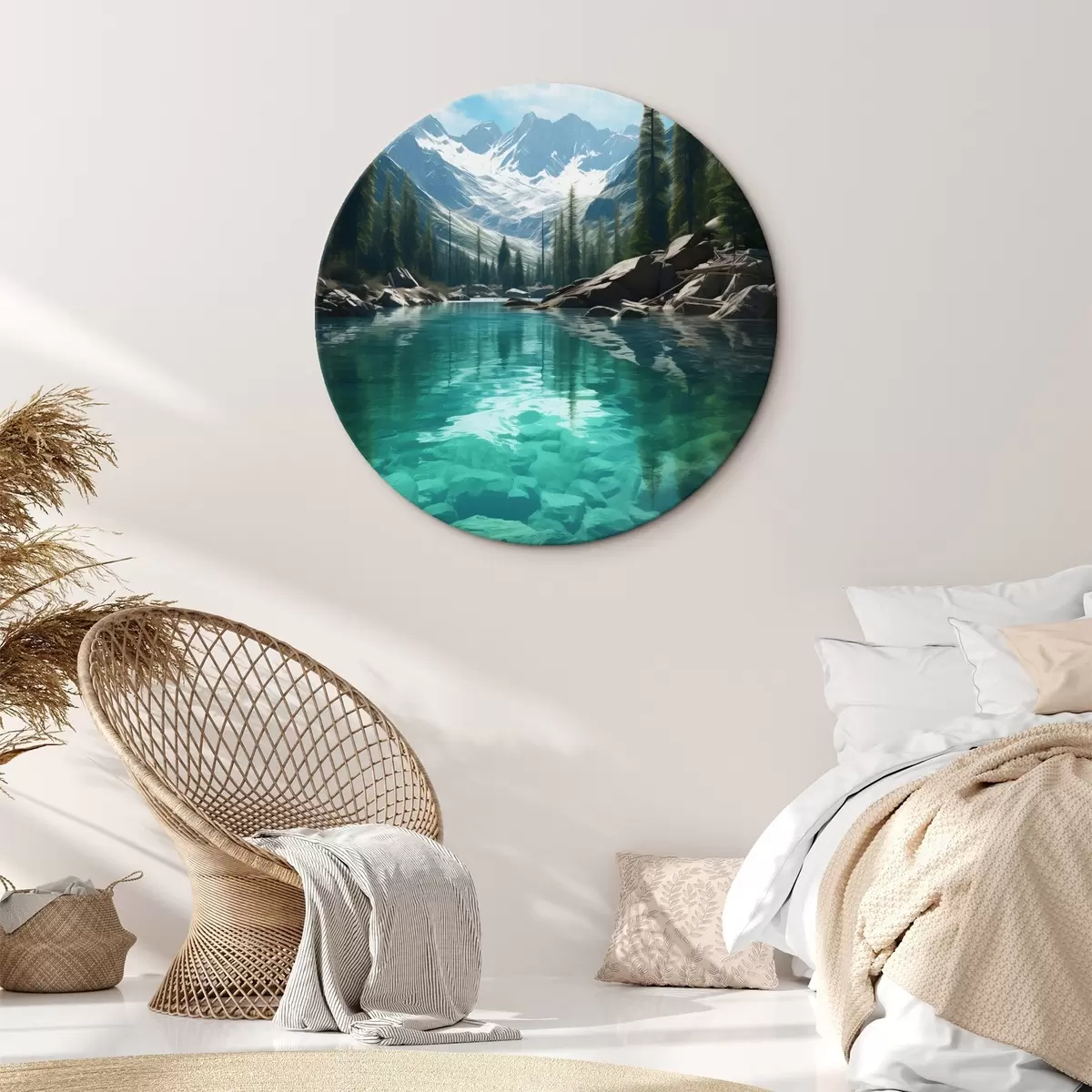 Okrągłe obrazy Czysta alpejska rzeka ze skalistym dnem i ośnieżonymi szczytami r46514