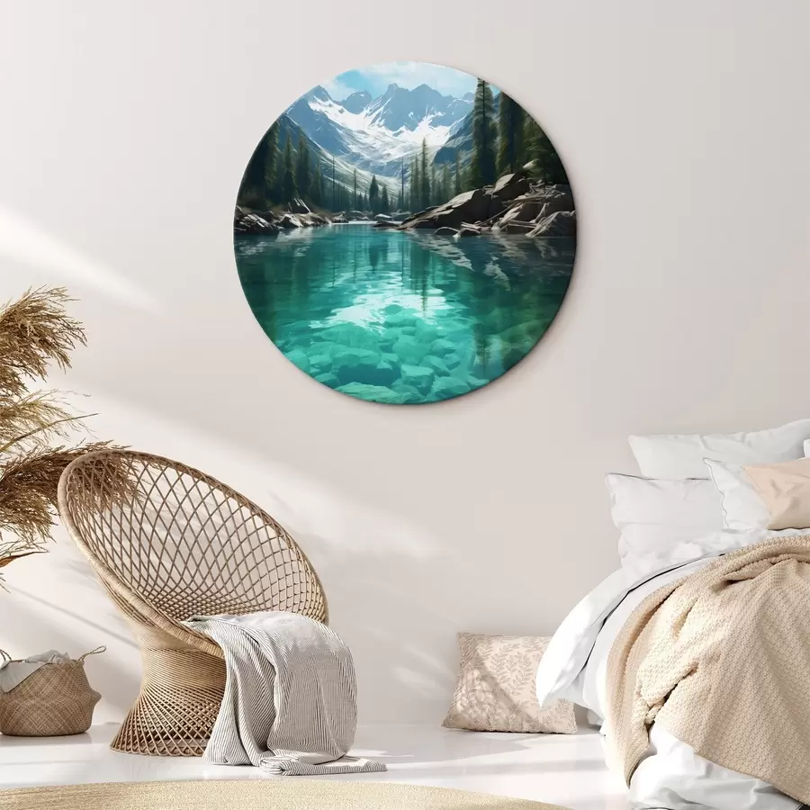 Obraz Czysta alpejska rzeka ze skalistym dnem i ośnieżonymi szczytami r46514