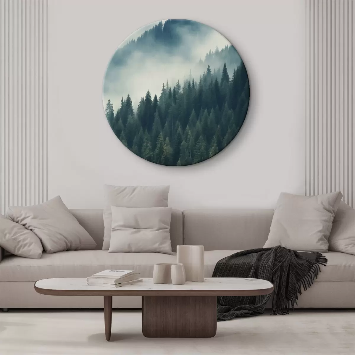Okrągłe obrazy Mgła nad zboczami porośniętymi drzewami iglastymi, głębokie odcienie zieleni r46516