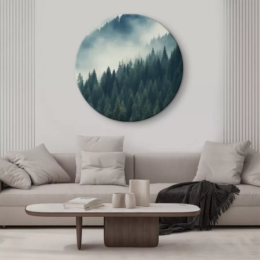 Obraz Mgła nad zboczami porośniętymi drzewami iglastymi, głębokie odcienie zieleni r46516