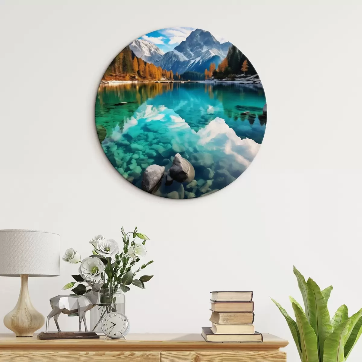 Okrągłe obrazy Górskie jezioro z turkusową wodą i jesiennymi modrzewiami r46517