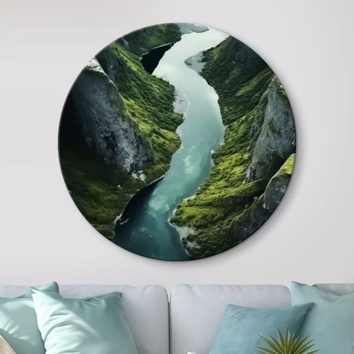 Okrągłe obrazy Meandrująca rzeka między klifami, widok z lotu ptaka r46521