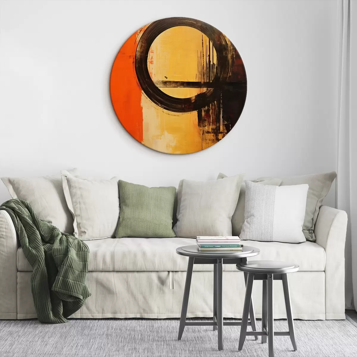 Okrągłe obrazy Abstrakcja z czarnym pierścieniem na tle w kolorze terakoty i piasku r46529