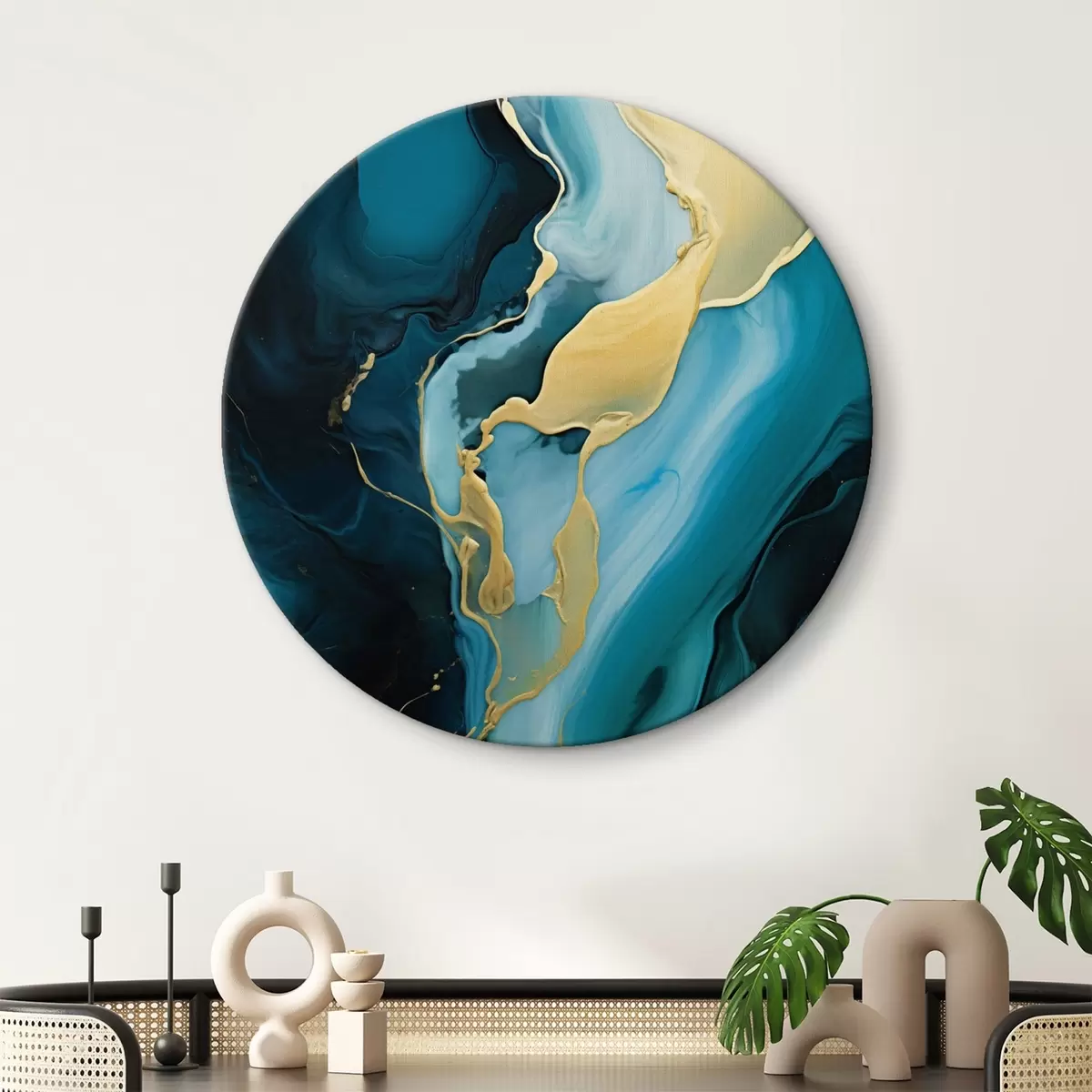 Okrągłe obrazy Turkusowo-niebieski abstrakcyjny wzór z strumieniem ochry r46530