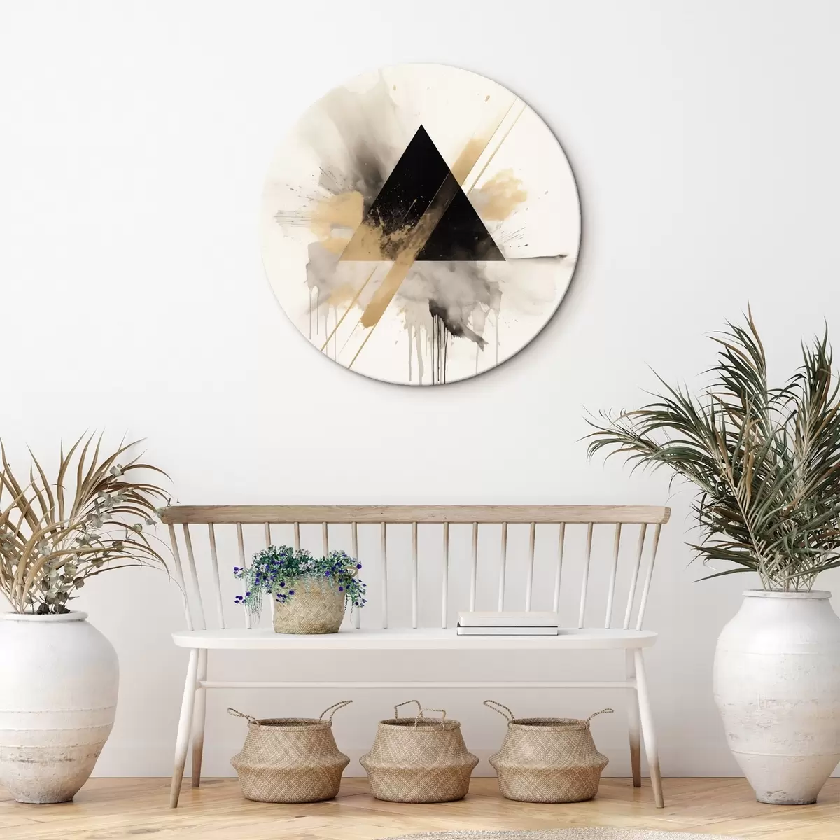 Okrągłe obrazy Geometria: czarny trójkąt z jasnymi plamami i liniami r46540