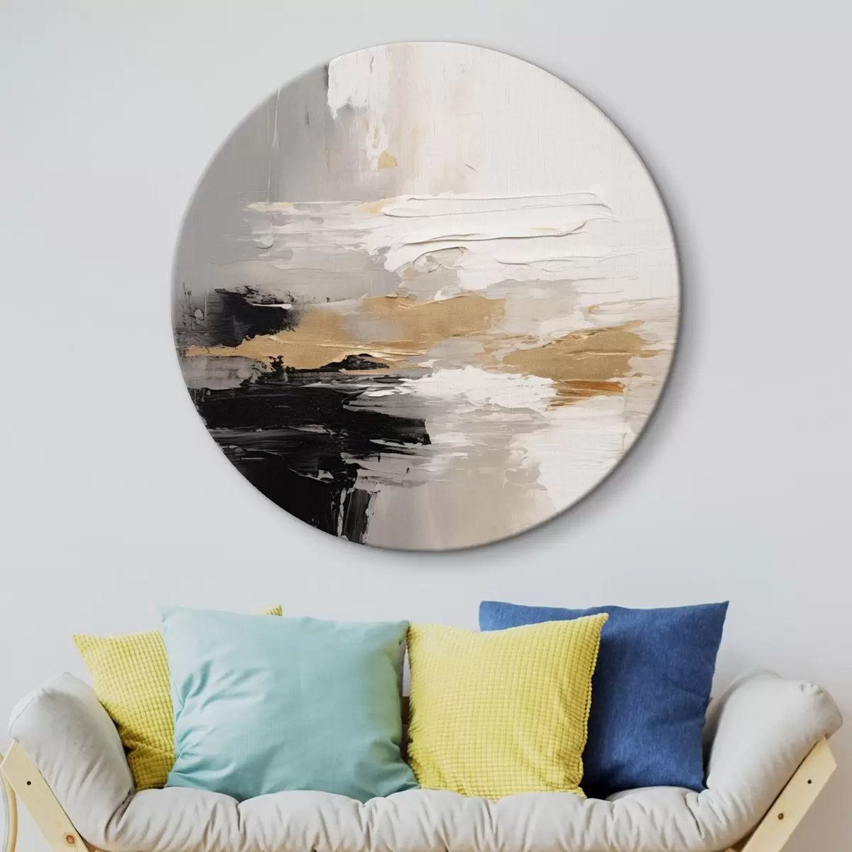 Okrągłe obrazy Pomalowane w odcieniach nude, z kontrastującą czarną i ochrową warstwą r46544