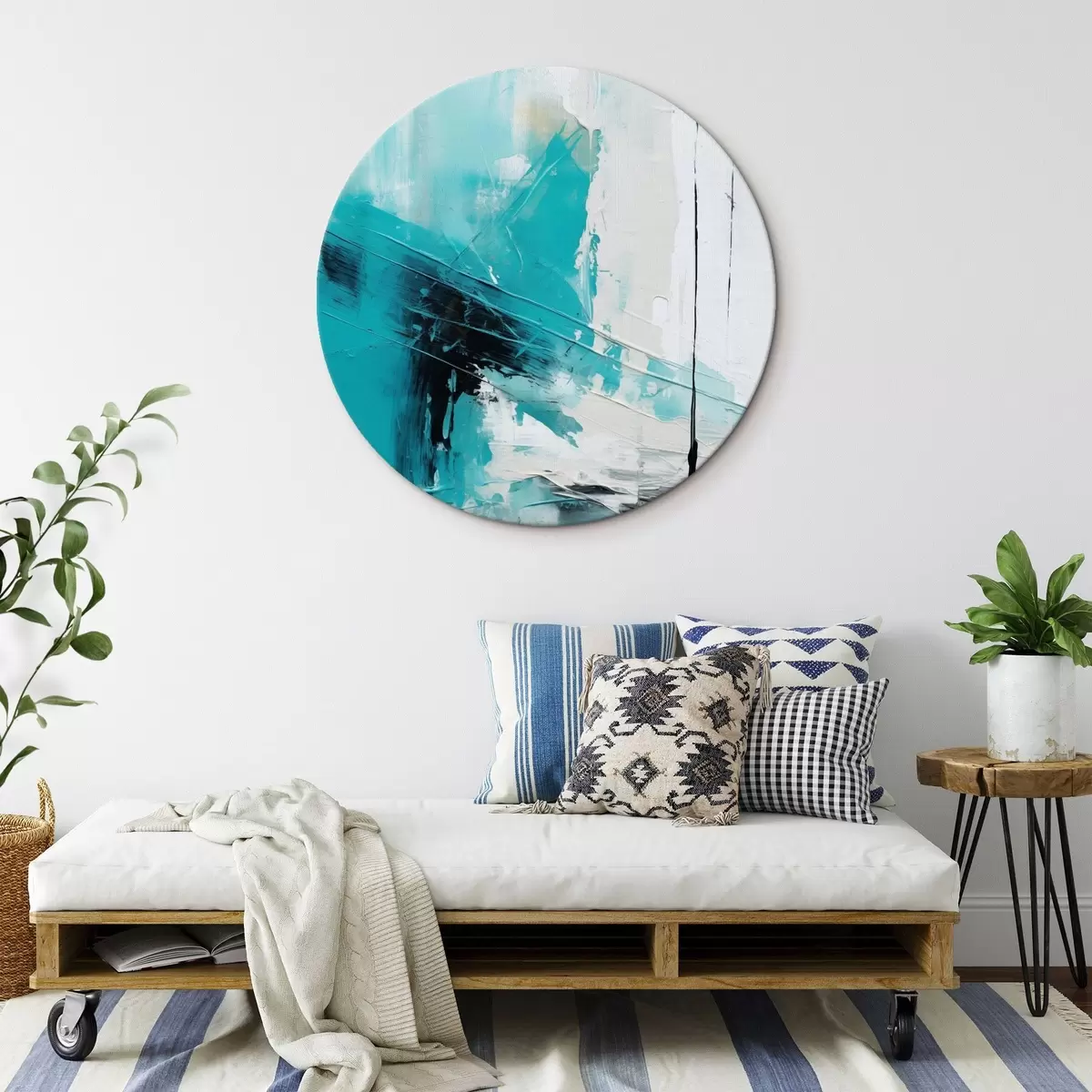 Okrągłe obrazy Turkusowe pociągnięcia na białym tle z czarną kreską r46545