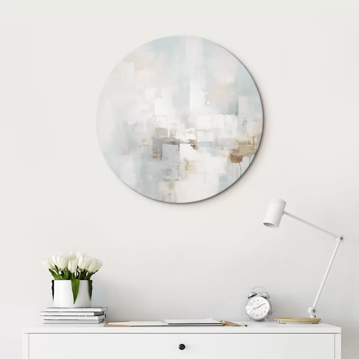 Okrągłe obrazy Jasne pastelowe bloki: niebieski, beżowy, biały r46546