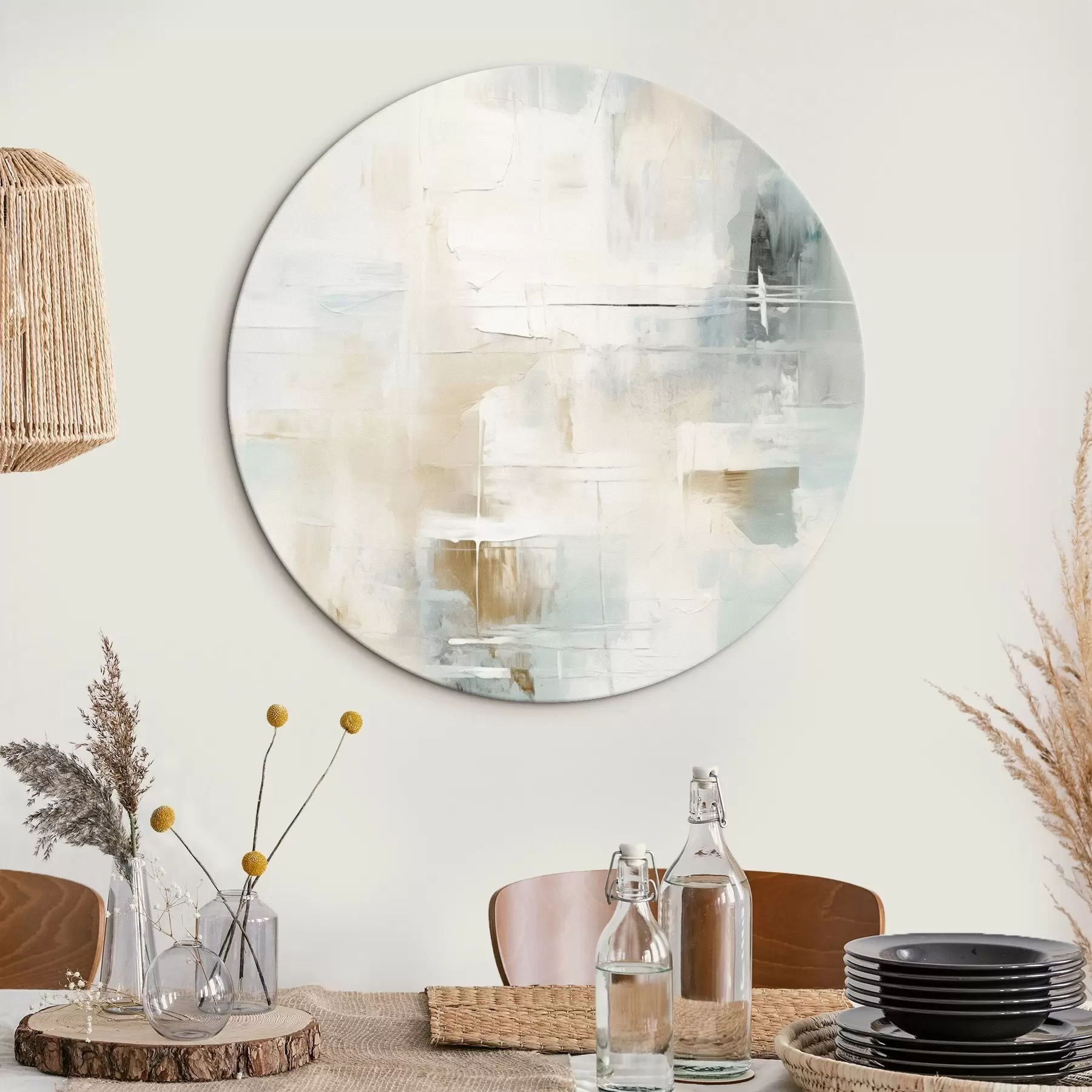 Obraz Powietrzne pociągnięcia pędzla w kolorze niebieskim i beżowym na białym tle r46547