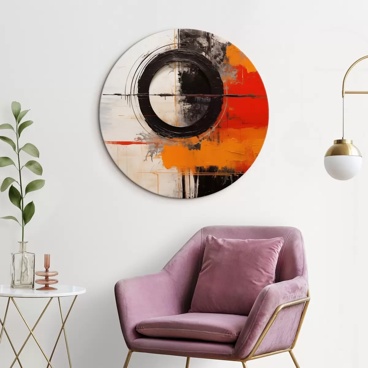 Okrągłe obrazy Czarne koło na białym tle, pomarańczowe pociągnięcia i plamy r46549