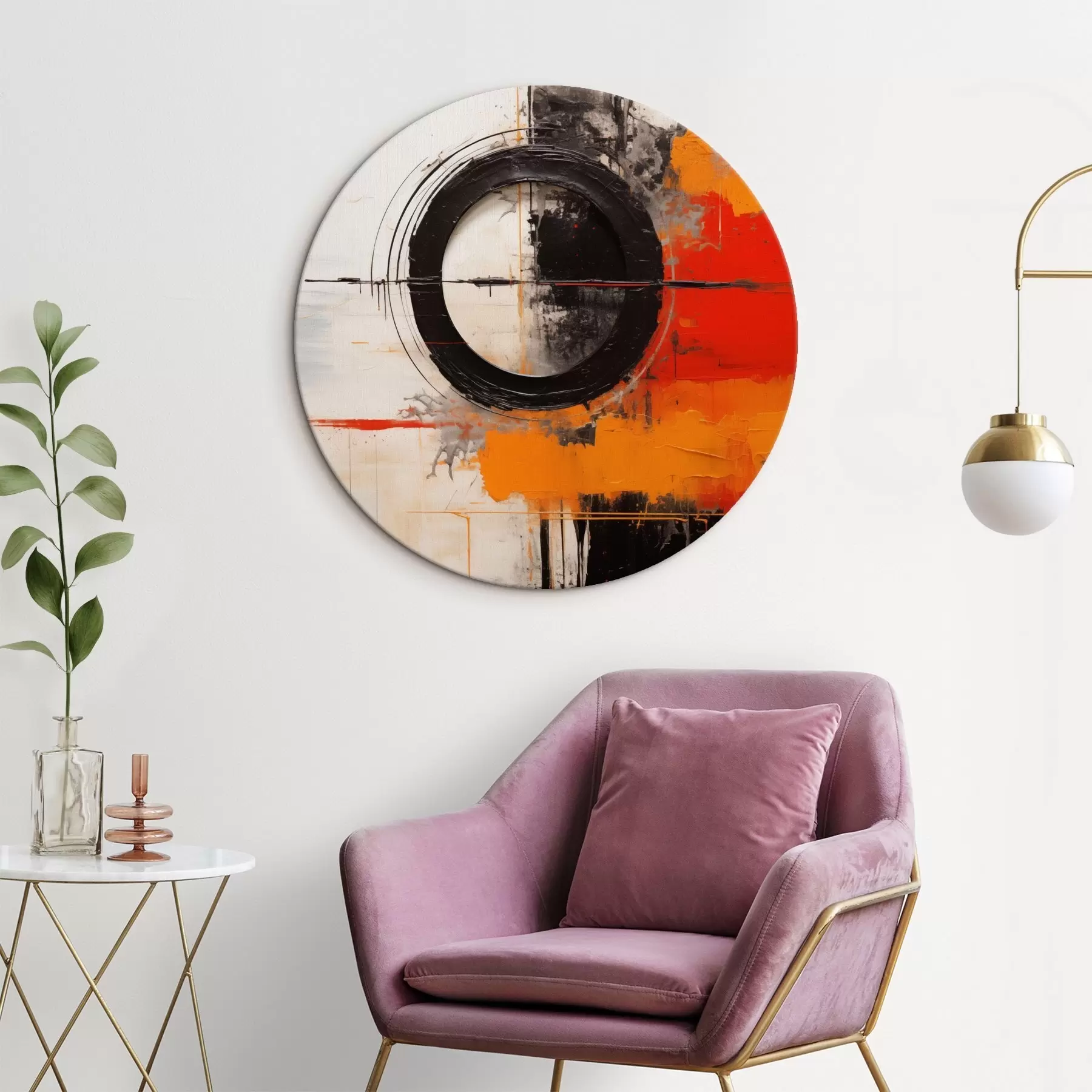 Obraz Czarne koło na białym tle, pomarańczowe pociągnięcia i plamy r46549