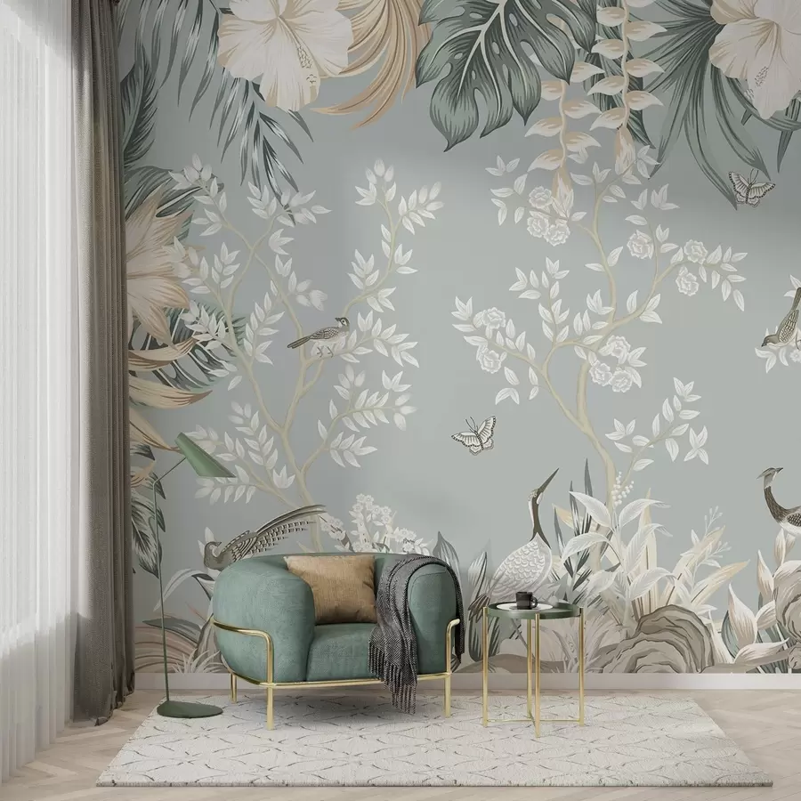 Fototapeta Tropikalna grafika w pastelowych barwach z motywem ptaków, motyli, kwiatów hibiskusa, liści palmowych i drzew na jasnoniebieskim tle. w09528