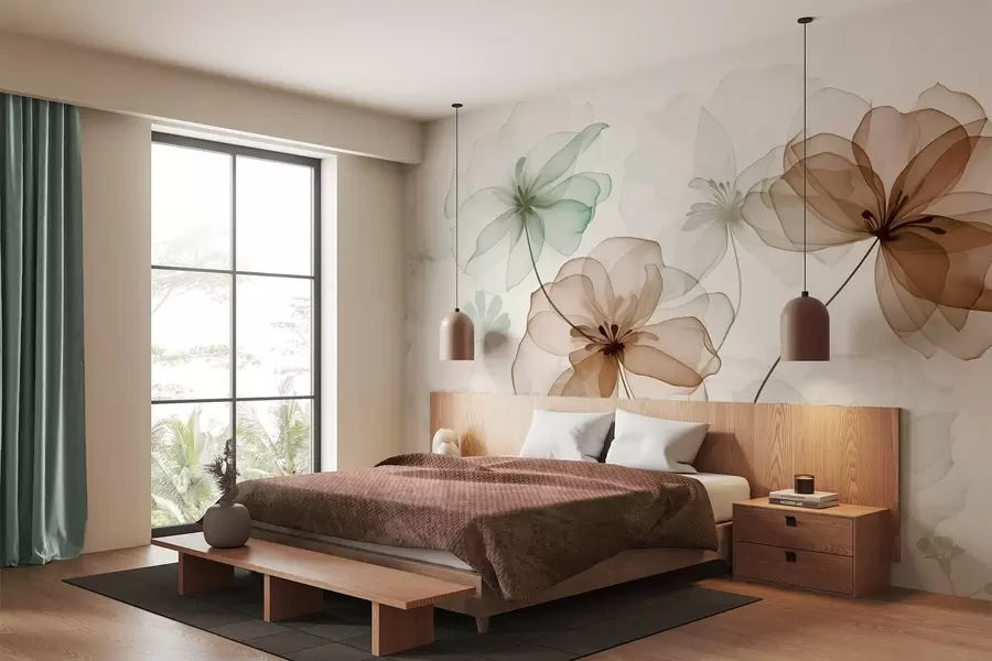 Fototapeta Przezroczyste kwiaty z brązowymi i zielonymi płatkami, długie łodygi, jasne tło, delikatne kolory, teksturowany wzór kwiatowy w09529