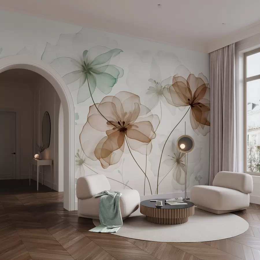 Fototapeta Przezroczyste kwiaty z brązowymi i zielonymi płatkami, długie łodygi, jasne tło, delikatne kolory, teksturowany wzór kwiatowy w09529