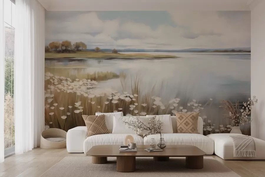 Fototapeta Teksturowany krajobraz, pole białych kwiatów i wysokiej trawy, jezioro w tle, trawiaste wzgórze z drzewami, delikatne kolory w09530