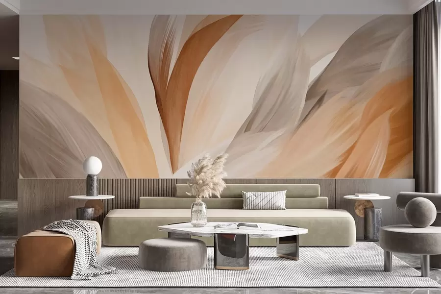 Fototapeta Abstrakcyjne teksturowane pióra w kolorach brązowym, białym i szarym oraz różnych odcieniach, nakładające się na białe tło w09531