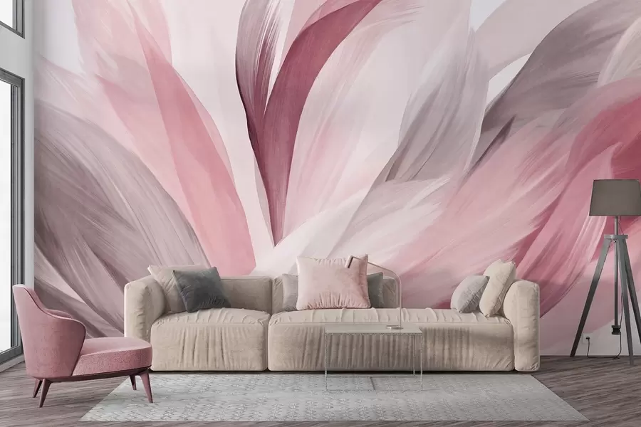 Fototapeta Abstrakcyjne teksturowane pióra w kolorze różowym, białym i szarym oraz różnych odcieniach, nakładające się na białe tło w09531v2
