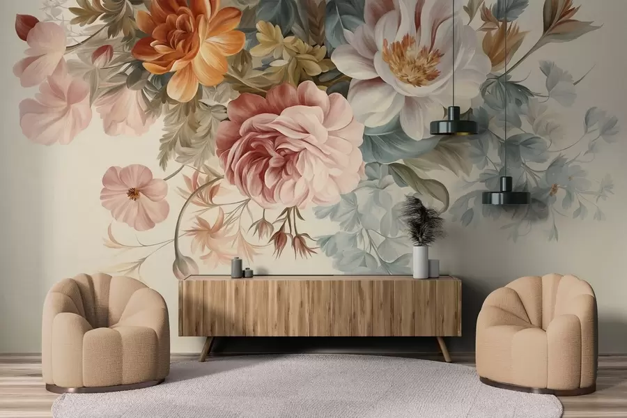 Fototapeta Klasyczna kompozycja kwiatowa z różami, piwoniami i innymi teksturowanymi kwiatami z liśćmi, na jasnym tle w09532