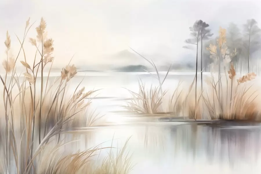 Fototapeta Krajobraz z jeziorem i wysoką trawą na pierwszym planie, górami w tle, delikatnymi kolorami, fakturą w09534