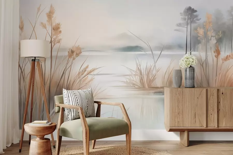 Fototapeta Krajobraz z jeziorem i wysoką trawą na pierwszym planie, górami w tle, delikatnymi kolorami, fakturą w09534