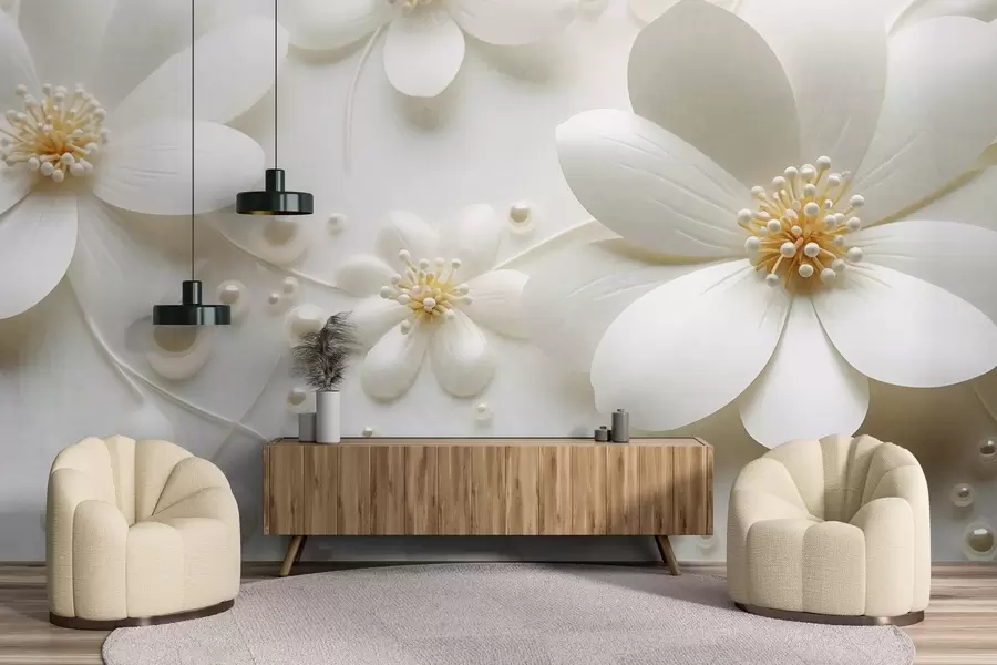 Fototapeta Białe kwiaty z perełkami rozrzuconymi na białym tle, elegancki i minimalistyczny wzór, teksturowany w09535