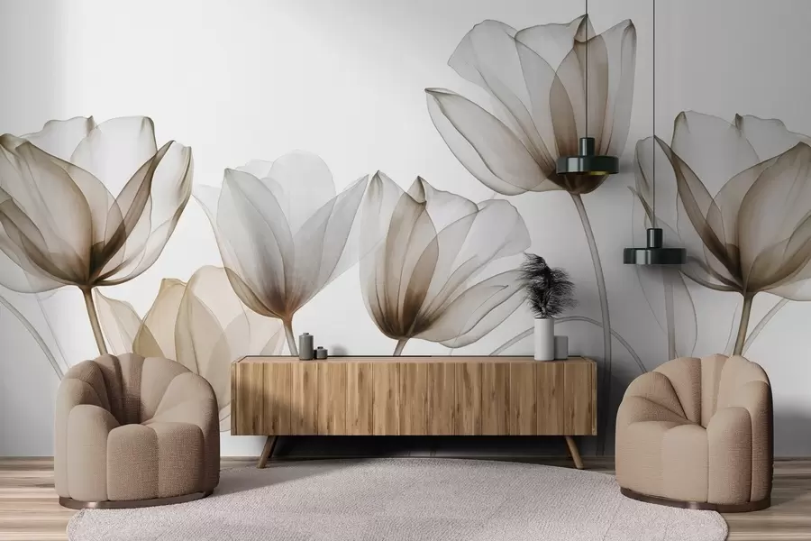 Fototapeta Przezroczyste brązowo-białe tulipany o długich łodygach na jasnym tle, delikatna i teksturowana kompozycja kwiatowa w09538v1