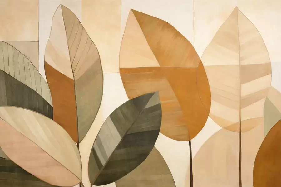 Fototapeta Abstrakcyjne duże liście w odcieniach pomarańczowego, brązowego i zielonego, teksturowane, ułożone na jasnym tle w09539