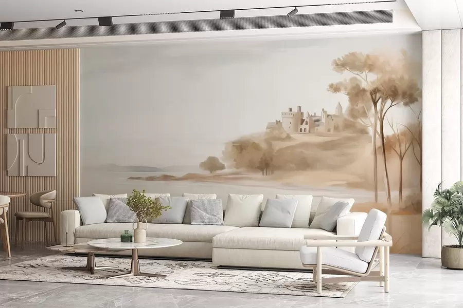 Fototapeta Krajobraz z zamkiem na wzgórzu nad morzem, piaszczystą plażą na pierwszym planie, stonowaną kolorystyką i fakturą. w09540