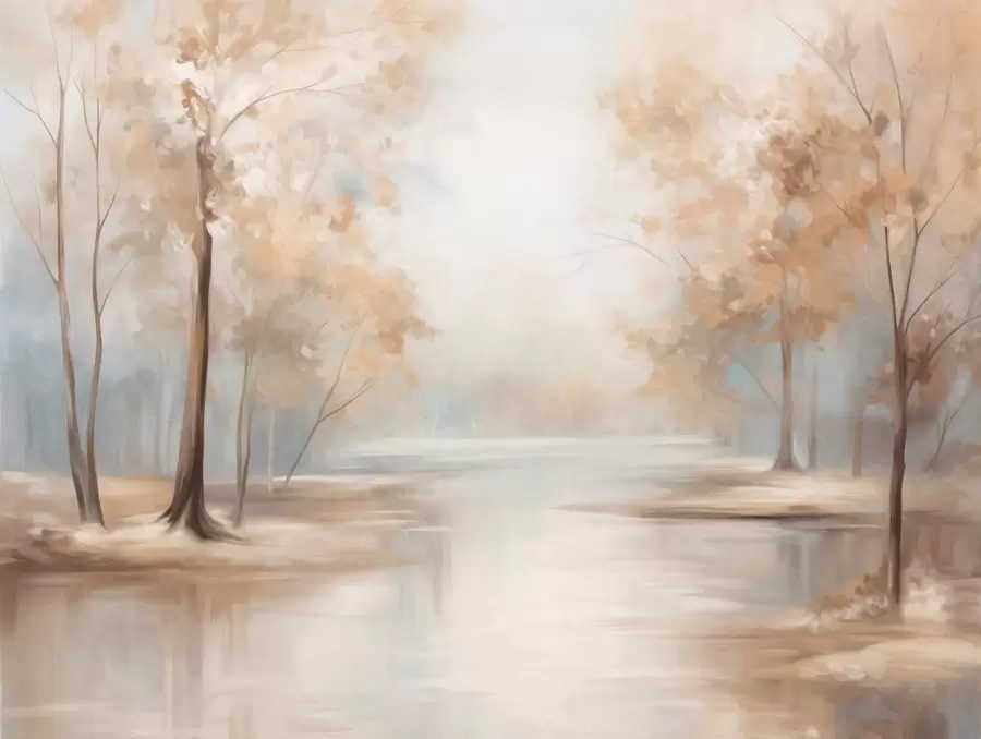 Fototapeta Jesienny krajobraz z drzewami i rzeką, delikatnymi kolorami, lekką i przestronną atmosferą, spokojną i cichą sceną w09541