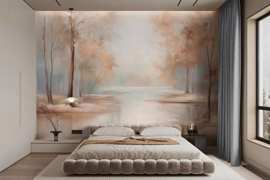 Fototapeta Jesienny krajobraz z drzewami i rzeką, delikatnymi kolorami, lekką i przestronną atmosferą, spokojną i cichą sceną w09541