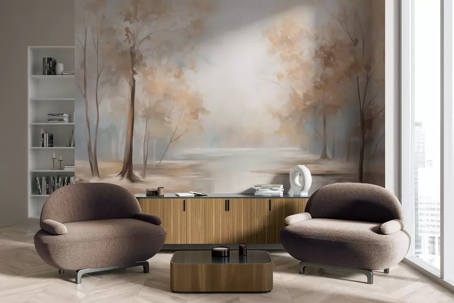 Fototapeta Jesienny krajobraz z drzewami i rzeką, delikatnymi kolorami, lekką i przestronną atmosferą, spokojną i cichą sceną w09541