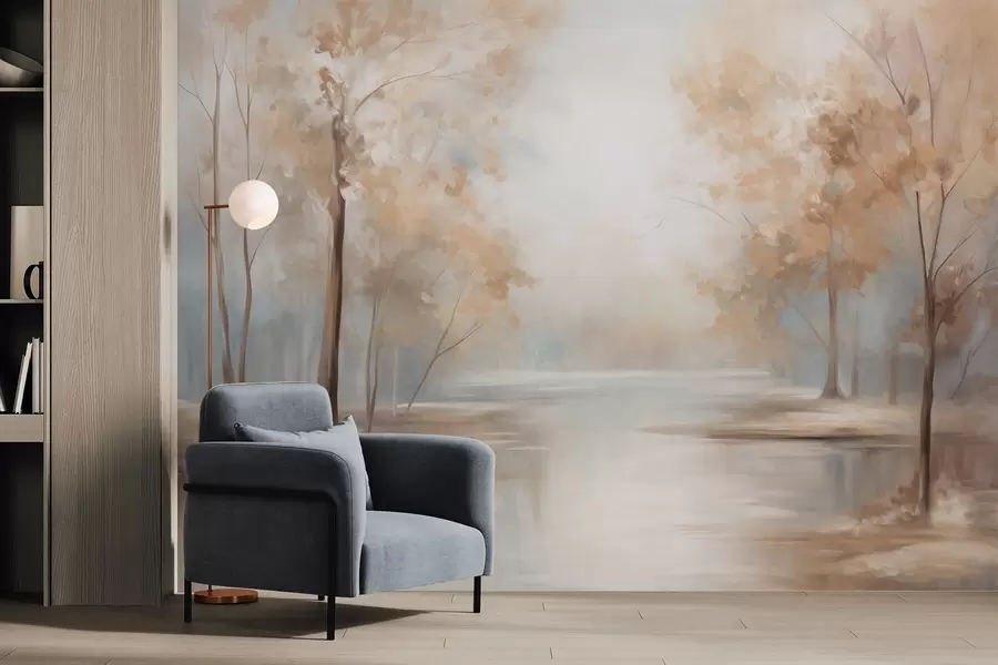 Fototapeta Jesienny krajobraz z drzewami i rzeką, delikatnymi kolorami, lekką i przestronną atmosferą, spokojną i cichą sceną. w09541