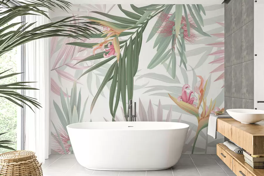 Fototapeta Strelitzia wśród liści palmowych w04896v2