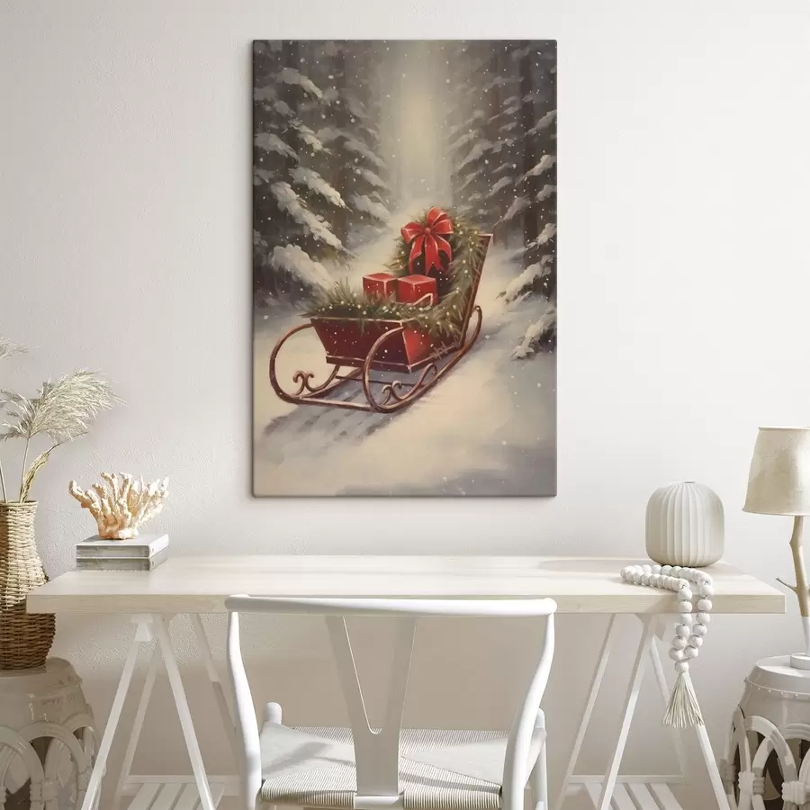Obraz Świąteczne sanie z prezentami w zaśnieżonym lesie s46630