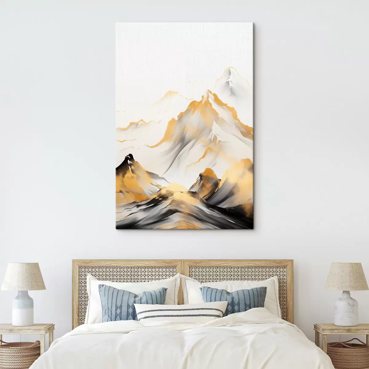 Obraz Teksturowane żółto-czarne góry ze śnieżnymi szczytami, styl malarstwa tuszem, minimalistyczny łańcuch górski s46683